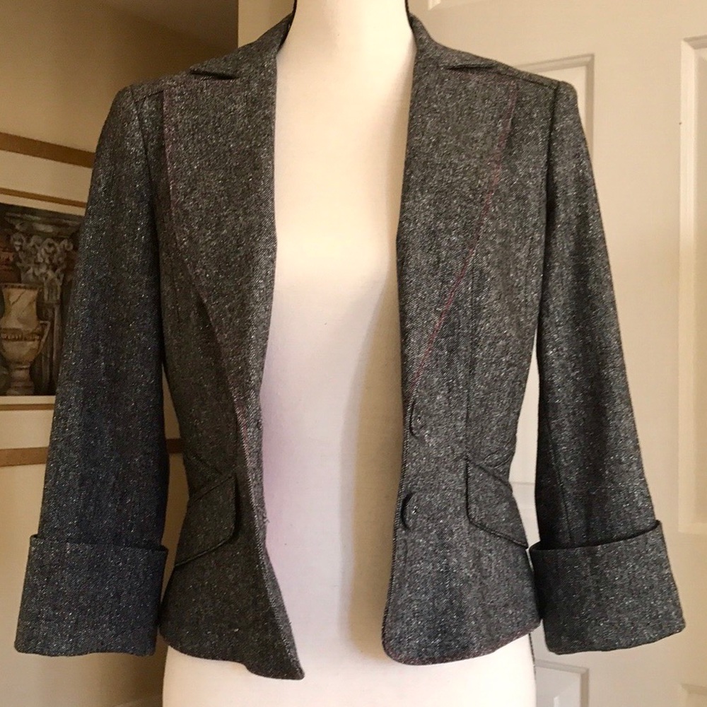BEBE VINTAGE PINK EMBROIDERED GREY WOOL BLAZER JACKET - Picture 2 of 8